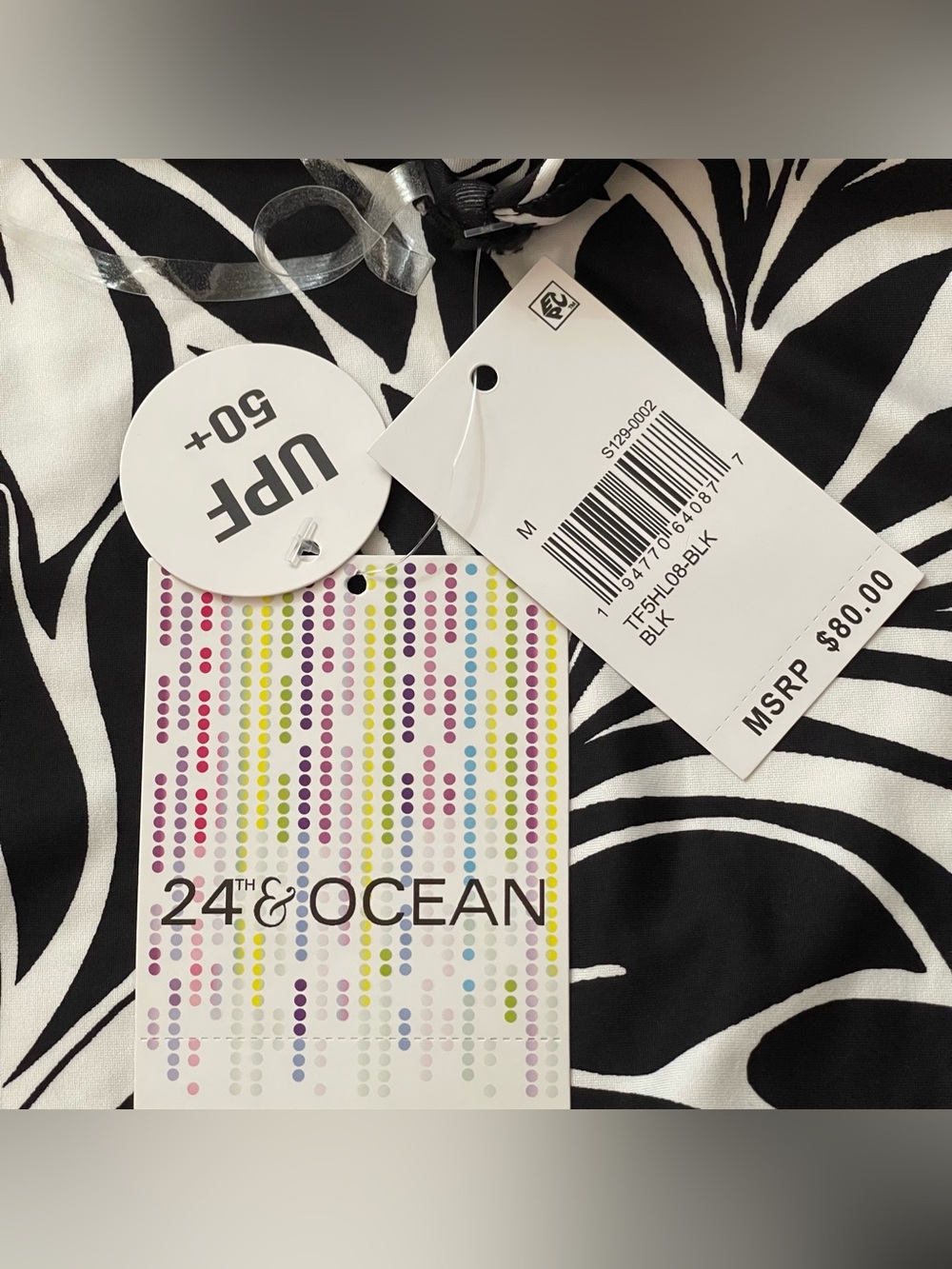 24th & Ocean Black & White Twist Halter Swimdress with Leaf Print - Picture 9 of 16